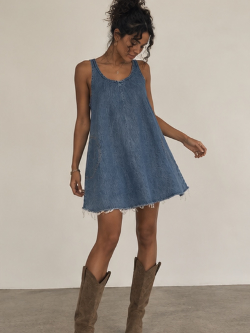 Vintage Sleeveless Denim Swing Mini Dress - Blue